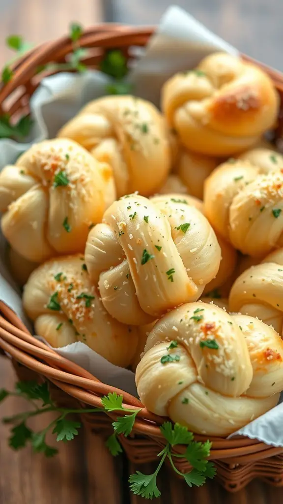 A basket of freshly baked garlic Parmesan knots, garnished with parsley.