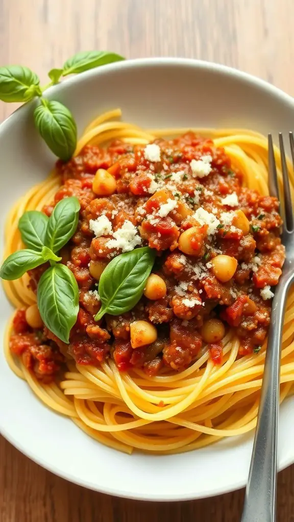 Bowl of spaghetti squash topped with Bolognese sauce and fresh basil