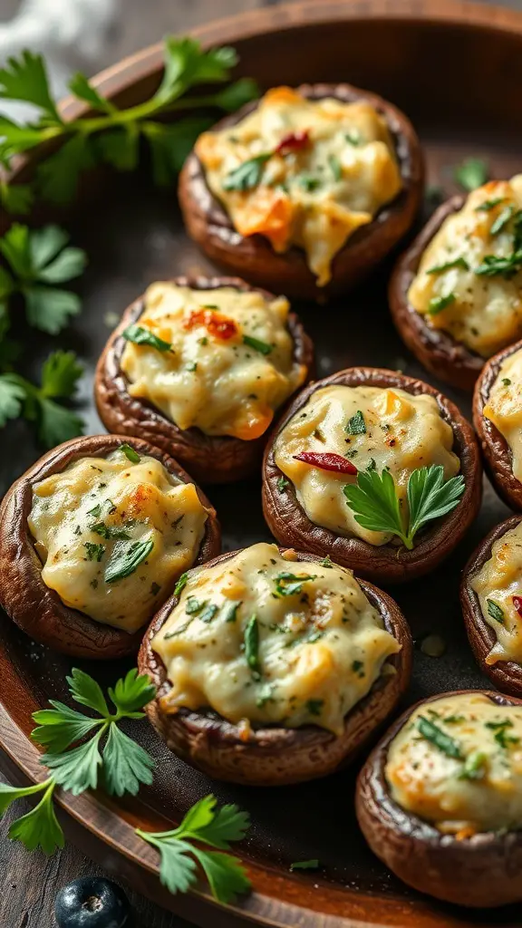 A plate of savory stuffed mushrooms, filled with creamy cheese and herbs.