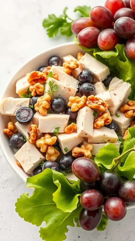 A bowl of chicken salad with grapes, walnuts, and lettuce.