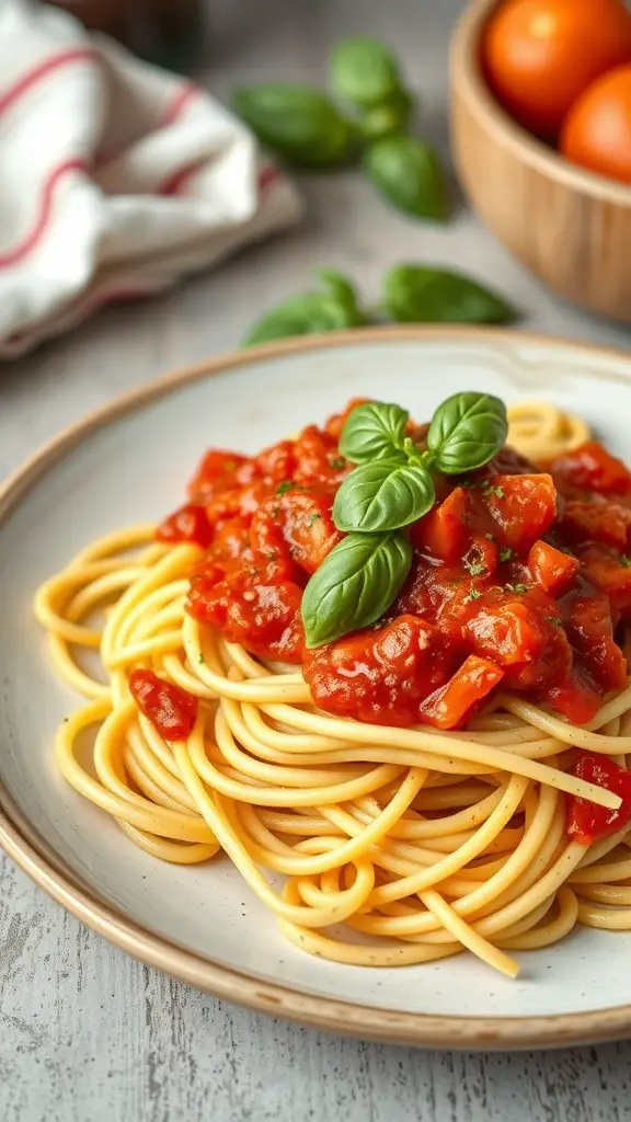 A plate of zucchini noodles topped with marinara sauce and basil leaves.