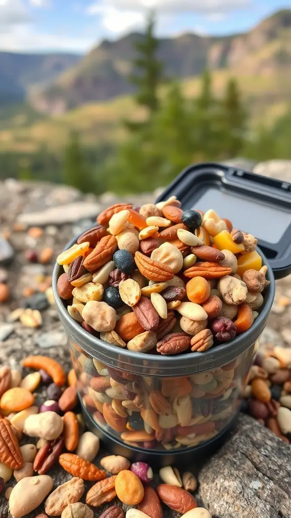 A container filled with a colorful mix of nuts, seeds, and dried fruits, set against a scenic outdoor background.