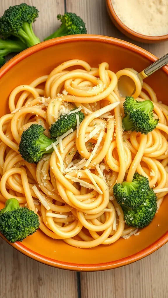 A bowl of cavatappi pasta with broccoli and cheese, garnished with grated cheese.