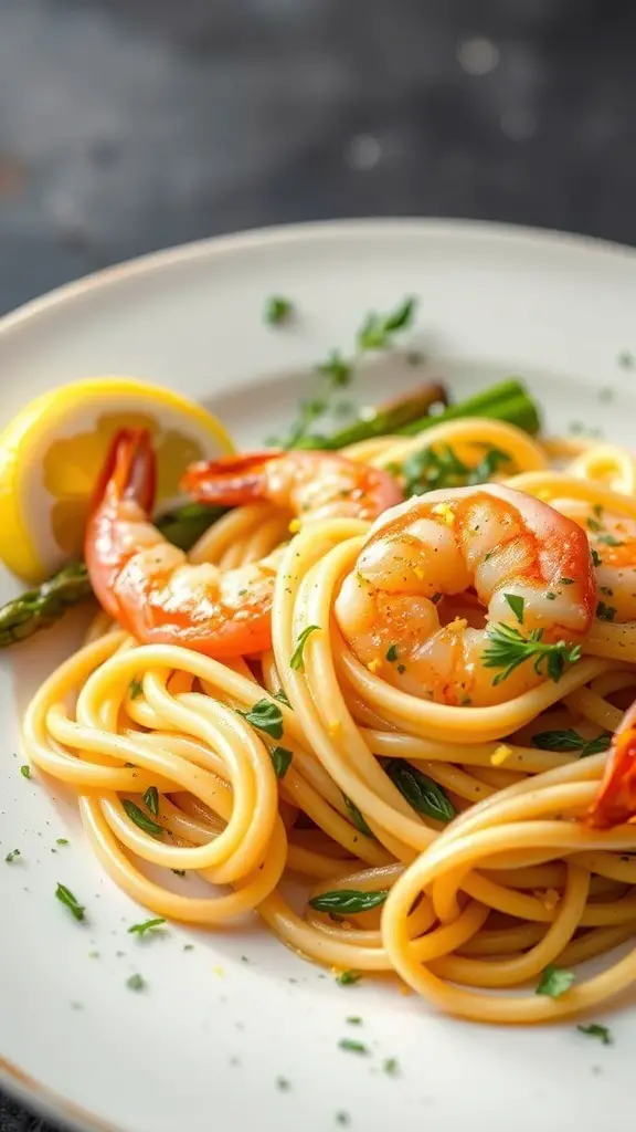 A plate of prawn and asparagus linguine garnished with lemon and herbs.