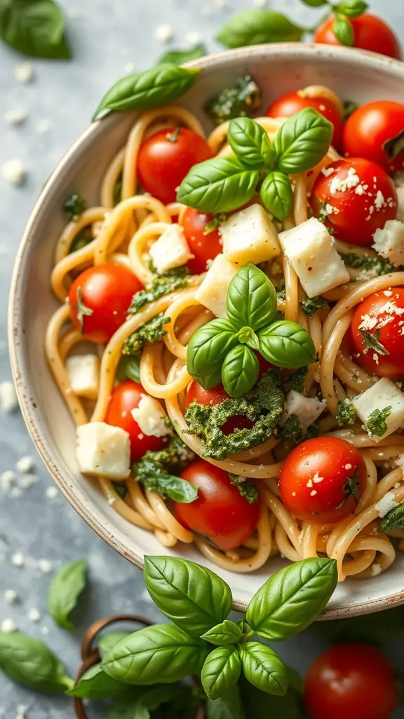 A bowl of pasta salad with pesto, cherry tomatoes, and mozzarella, garnished with fresh basil.