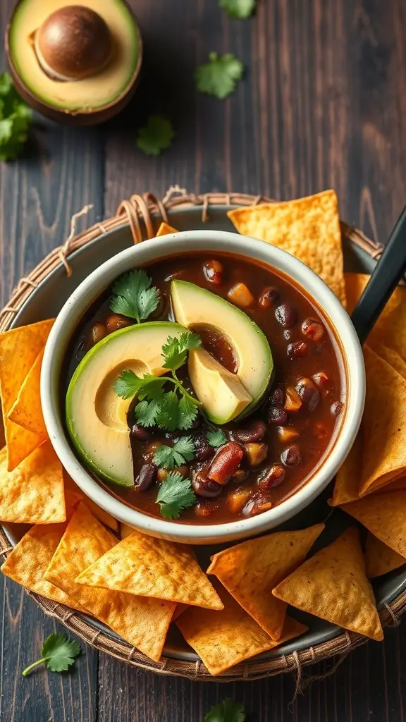 A bowl of spicy black bean soup garnished with avocado and cilantro, surrounded by tortilla chips.