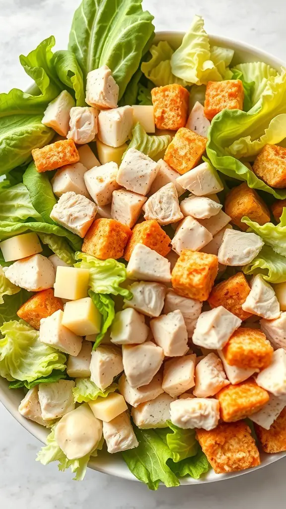 A bowl of Chicken Caesar Salad with diced chicken, croutons, and lettuce.