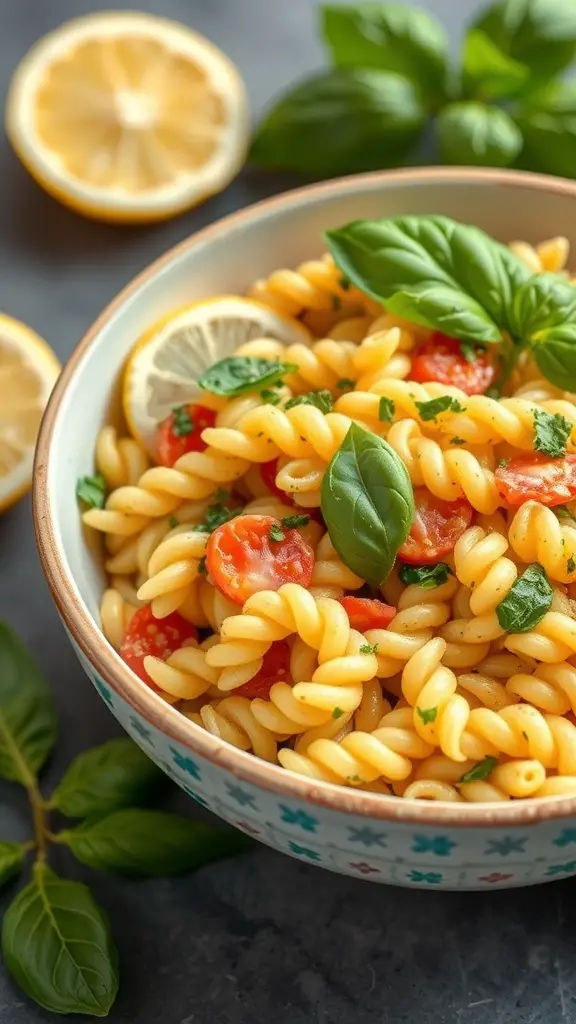 Bowl of Lemon Basil Pesto Rotini with cherry tomatoes and fresh basil