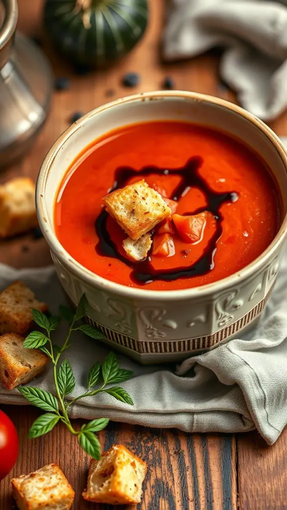 A bowl of roasted red pepper and tomato soup topped with croutons and drizzled with olive oil, surrounded by fresh ingredients.
