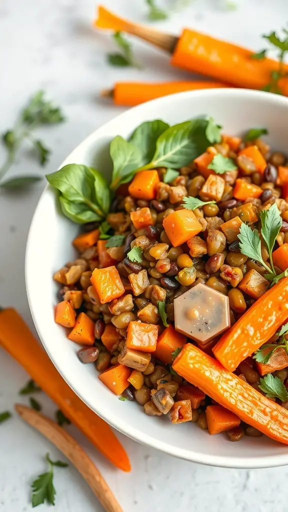 A vibrant bowl of lentil and roasted carrot salad with fresh herbs and colorful ingredients.