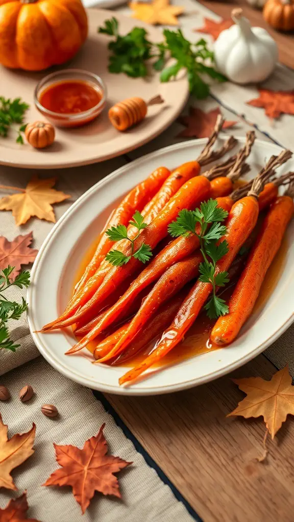 A platter of honey glazed carrots garnished with parsley, surrounded by autumn leaves and pumpkins.