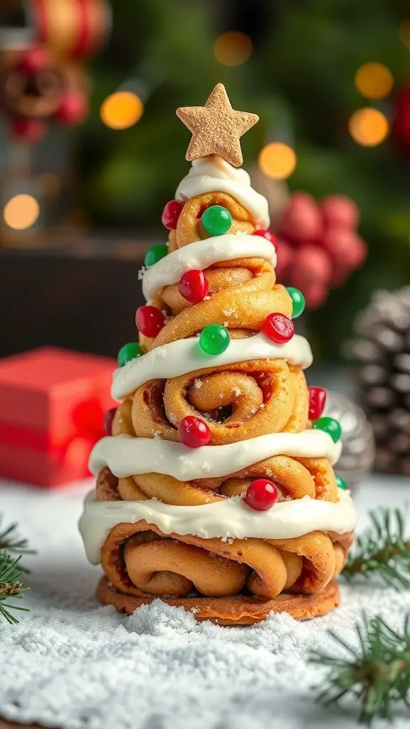 A festive cinnamon roll Christmas tree decorated with icing and colorful candies.