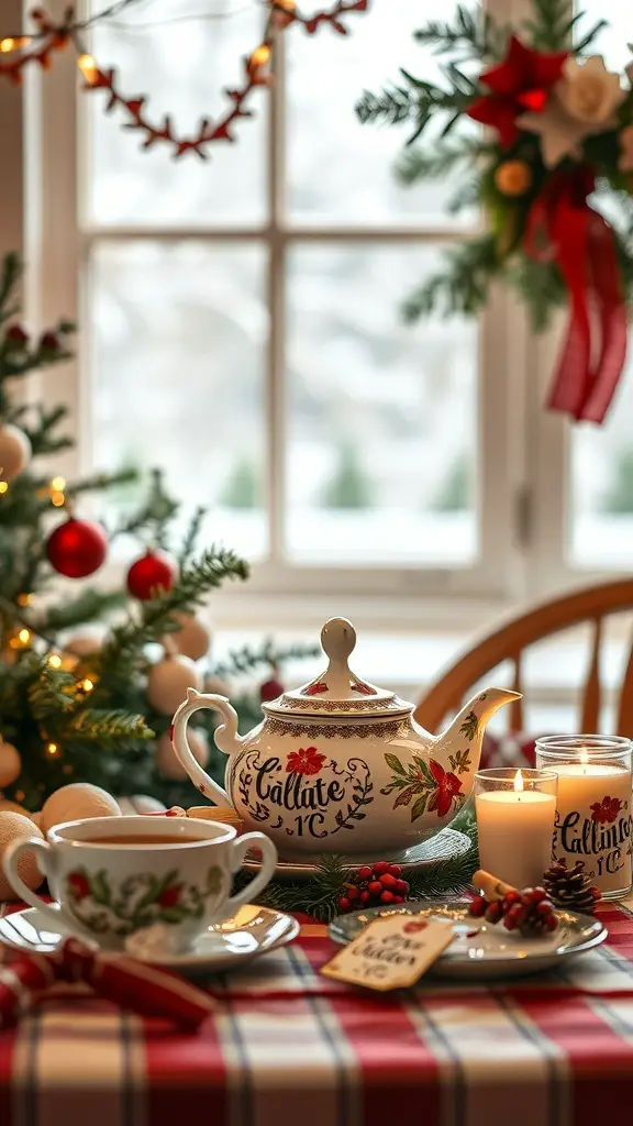 A beautifully arranged Christmas tea party setup featuring a teapot, cups, and festive decorations.