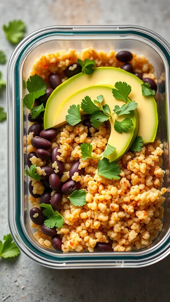 A quinoa and black bean bowl with avocado slices and cilantro in a glass container.