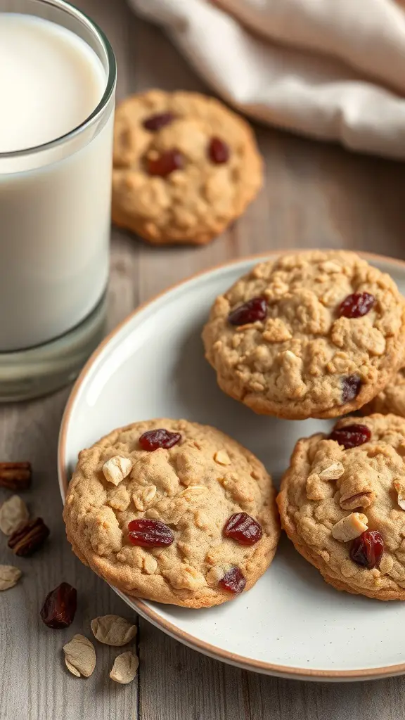 Plate of oatmeal and raisin cookies with a glass of milk