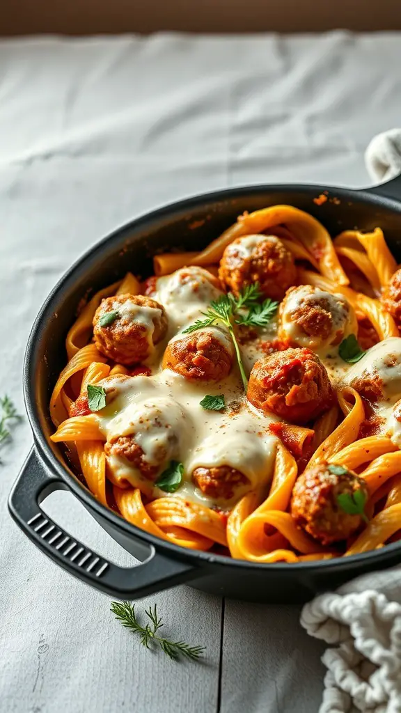 A delicious baked rigatoni with meatballs topped with cheese and herbs in a black dish.
