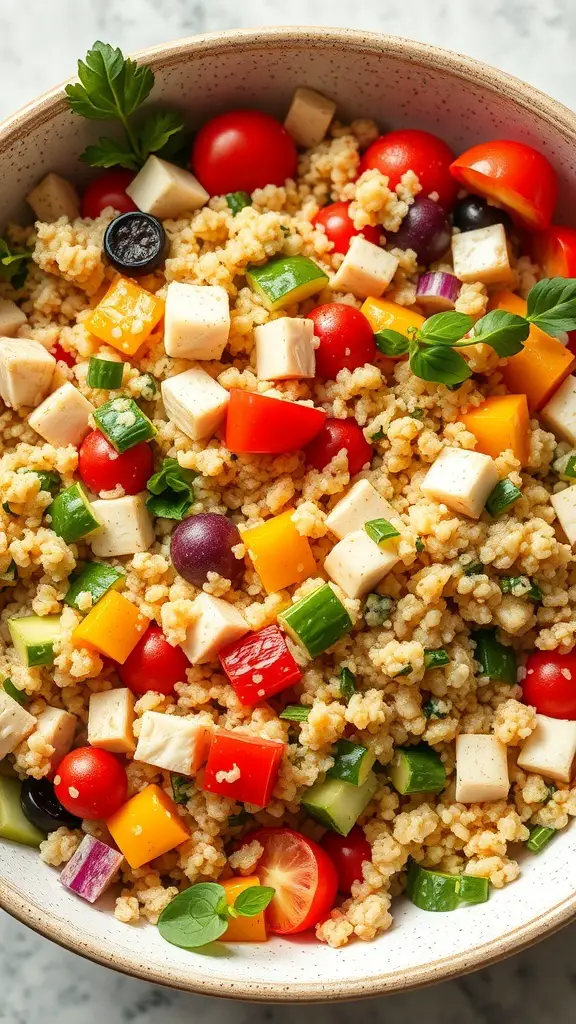A colorful chicken and quinoa salad with cherry tomatoes, bell peppers, cucumbers, and herbs.