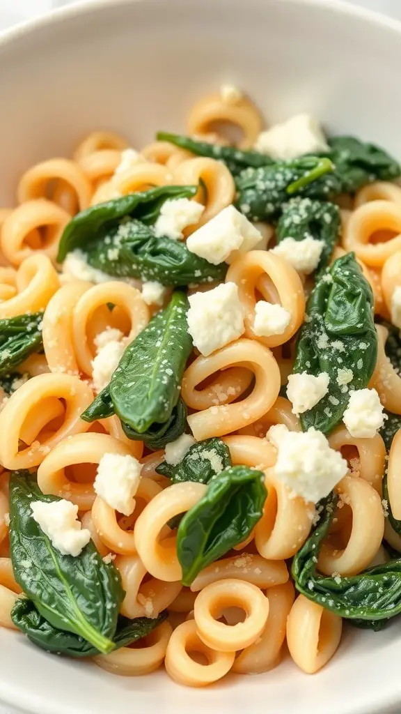 A bowl of elbow noodles mixed with spinach and ricotta cheese.