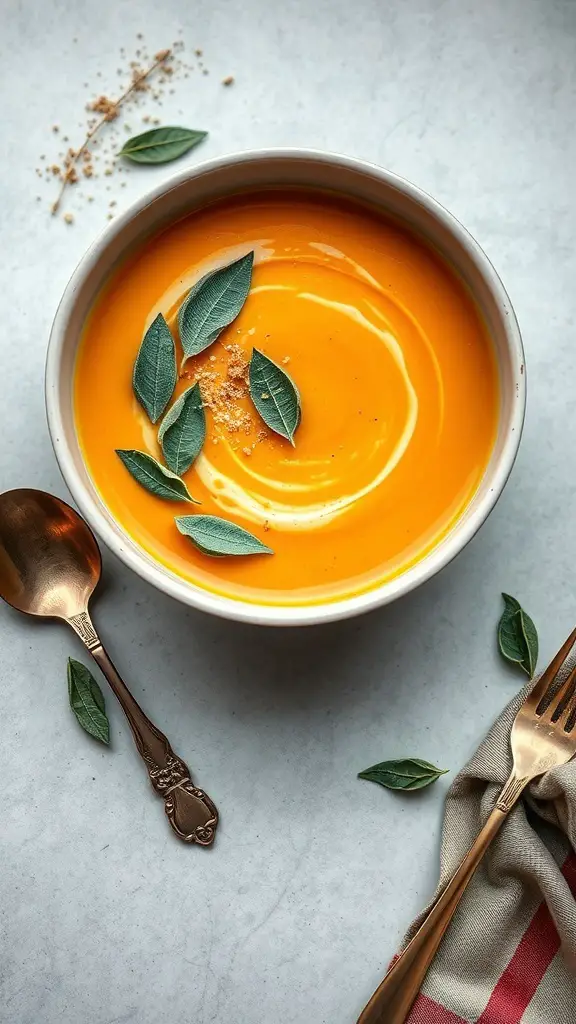 A bowl of roasted butternut squash soup garnished with sage leaves and a sprinkle of seasoning.