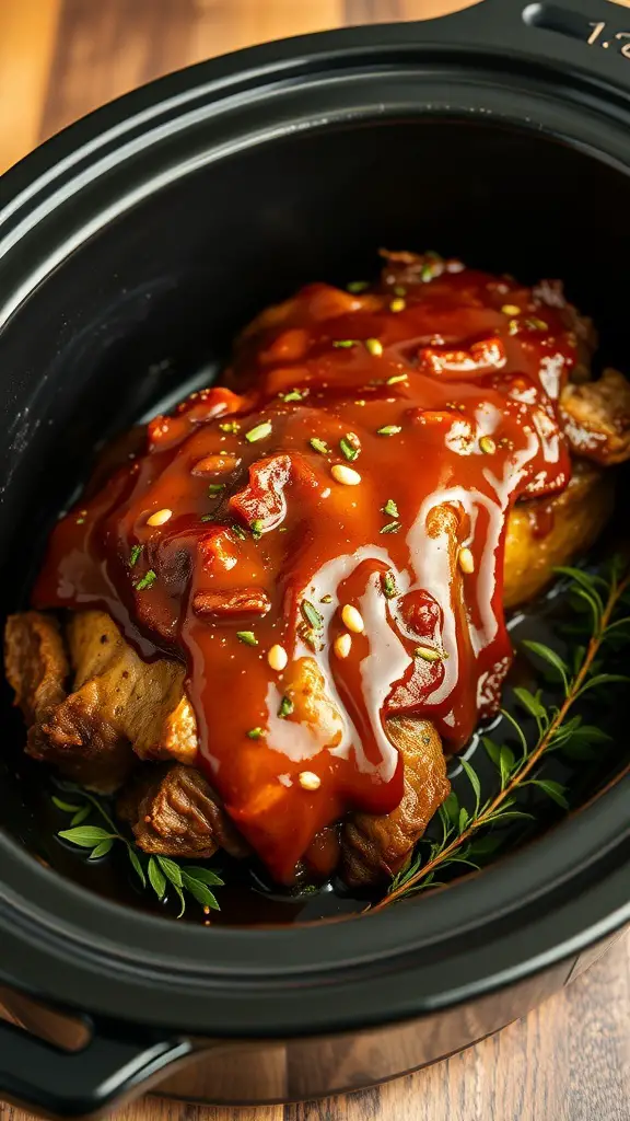 A pot roast in a crock pot with a maple Dijon glaze and herbs.