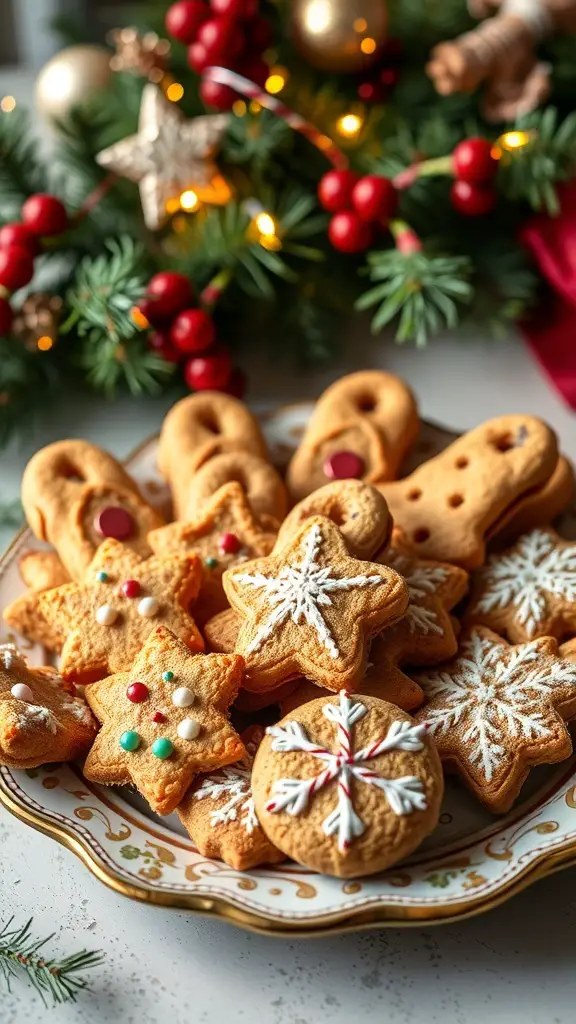 A plate of decorated Italian Christmas cookies, including stars and snowflakes, surrounded by festive decorations.