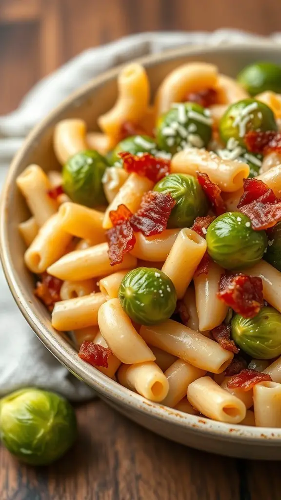 A bowl of macaroni pasta mixed with Brussels sprouts and crispy bacon.