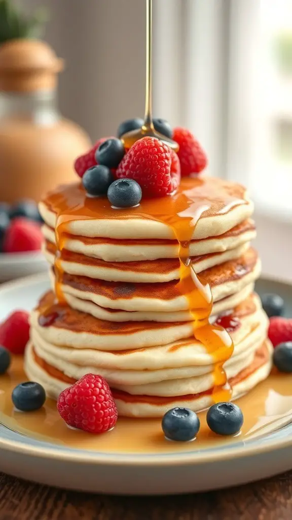 A stack of cottage cheese pancakes topped with fresh berries and syrup.