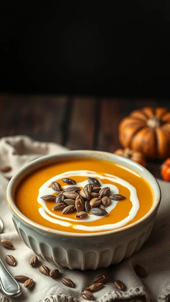 A bowl of smooth pumpkin soup topped with cream and pumpkin seeds, surrounded by small pumpkins and seeds on a wooden table.
