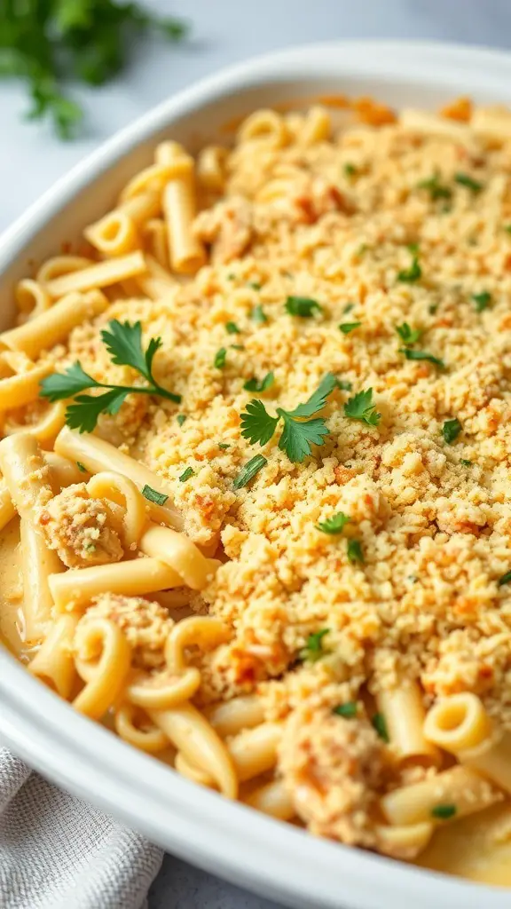 A delicious Cheesy Chicken Noodle Bake topped with breadcrumbs and herbs.