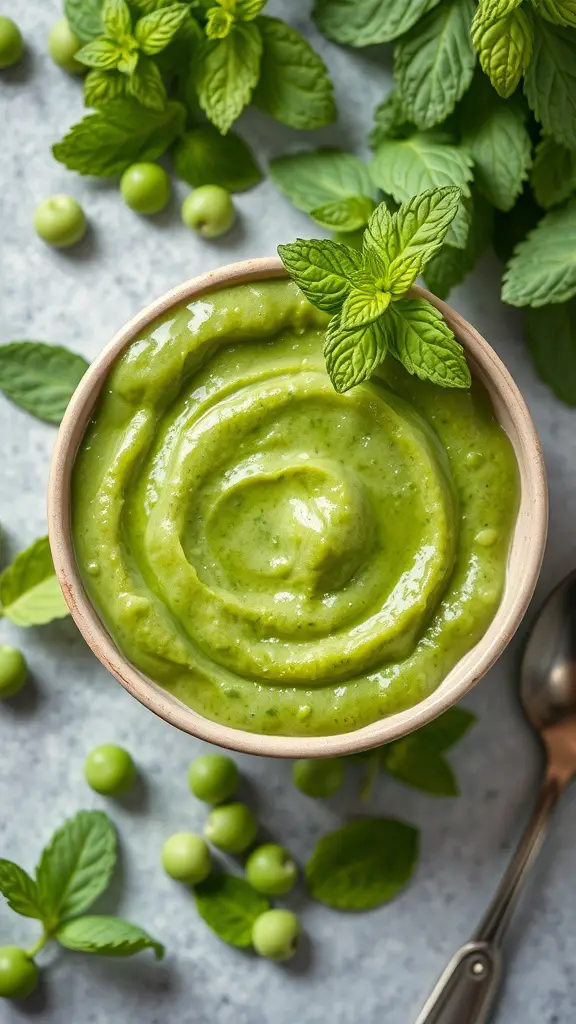 A bowl of pea and mint puree garnished with fresh mint leaves, surrounded by peas and mint sprigs.