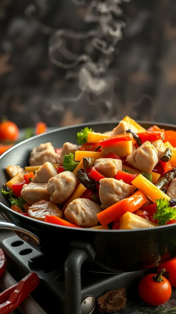 A colorful turkey and vegetable stir-fry in a black skillet, with steam rising and fresh ingredients visible.