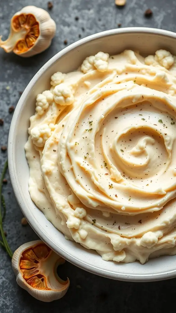 A bowl of creamy cauliflower and garlic mash topped with herbs, surrounded by garlic cloves.