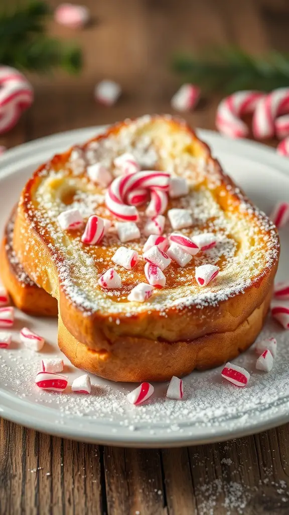 A plate of Candy Cane French Toast topped with crushed candy canes and powdered sugar.