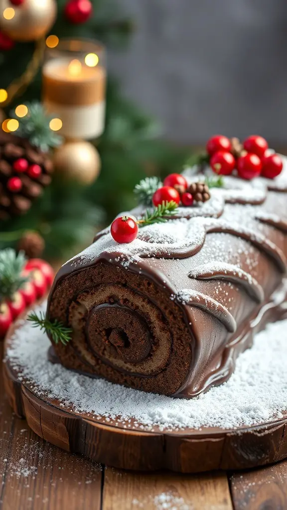 A beautifully decorated Chocolate Yule Log Cake on a wooden platter, surrounded by festive holiday decorations.
