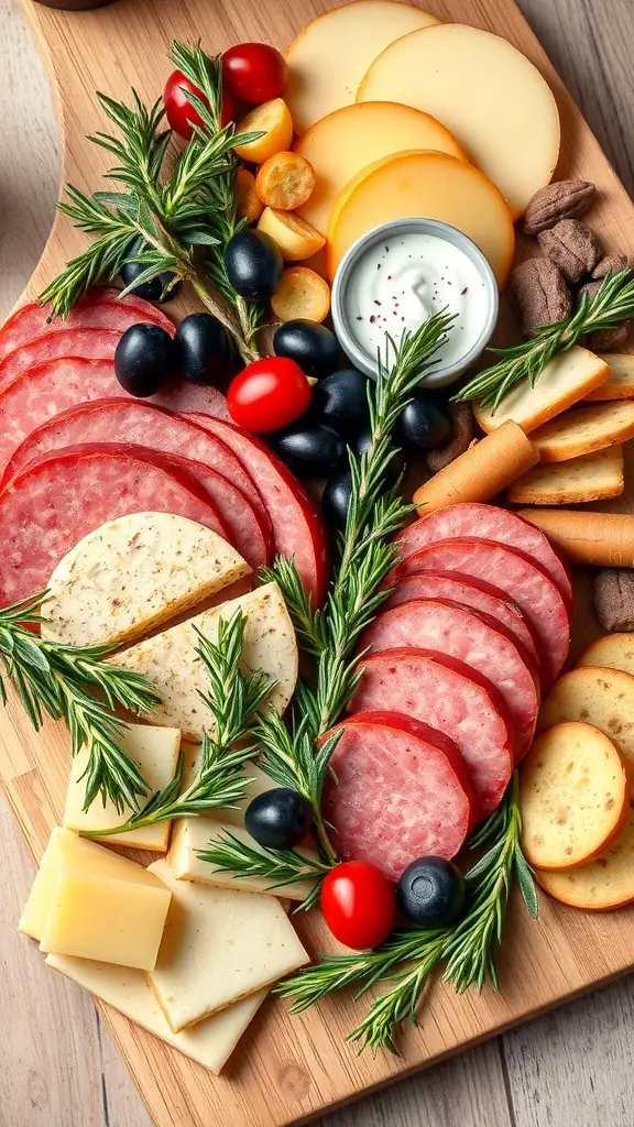 A charcuterie board featuring meats, cheeses, olives, and garnished with fresh rosemary.