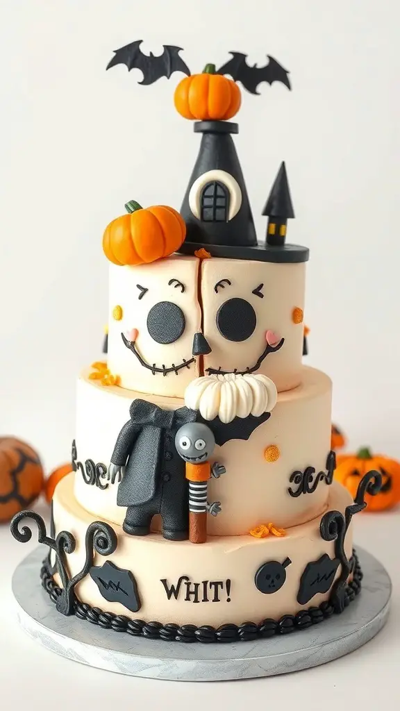 A whimsical cake inspired by The Nightmare Before Christmas, featuring a dual-faced design of the Mayor, decorated with pumpkins and bats.