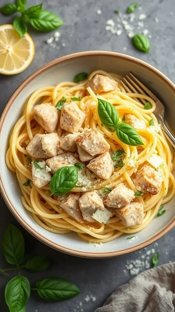 A bowl of Lemon Basil Chicken Pasta with chicken pieces, spaghetti, and fresh basil leaves.