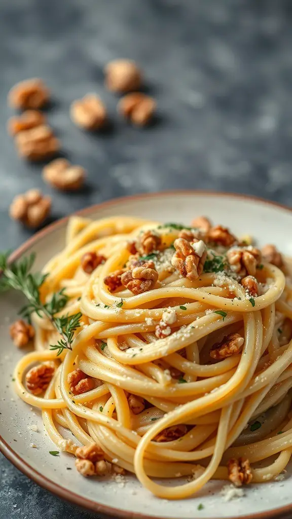 A plate of fettuccine noodles topped with walnut cream sauce and garnished with walnuts and herbs.