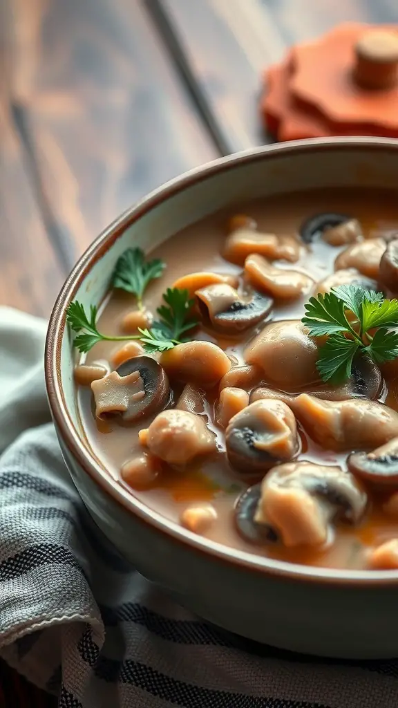 A bowl of rich mushroom stroganoff soup with sliced mushrooms and parsley garnish.