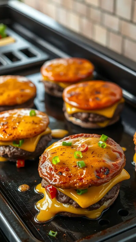 Delicious cheeseburgers with melted cheese and toppings on a Blackstone griddle