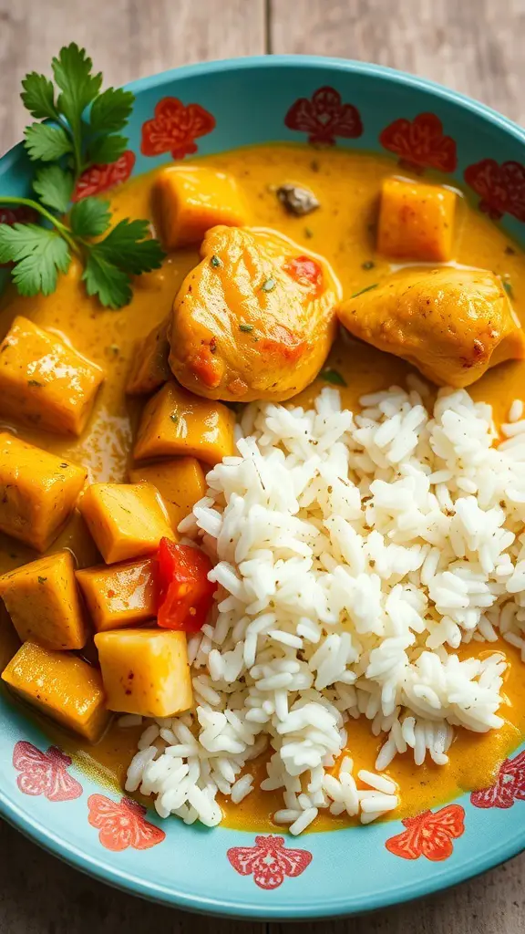 A bowl of coconut curry chicken thighs with rice and vegetables.