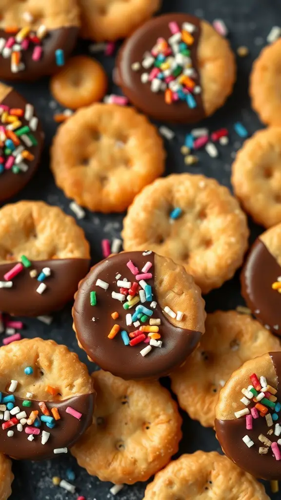A close-up of chocolate-covered Ritz crackers with colorful sprinkles on a dark background.