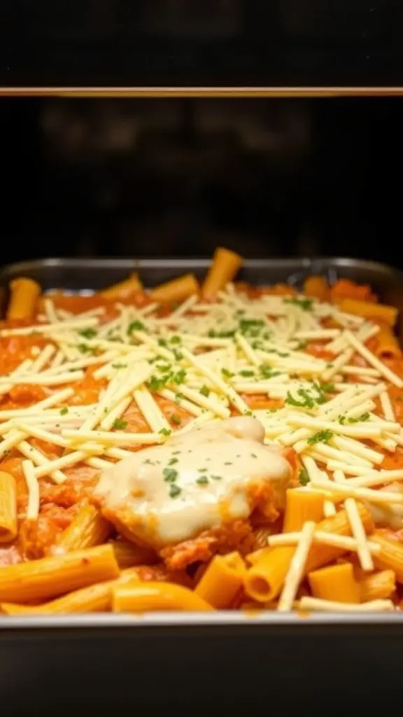 A delicious Buffalo Chicken Rigatoni Bake with melted cheese and fresh herbs on top.