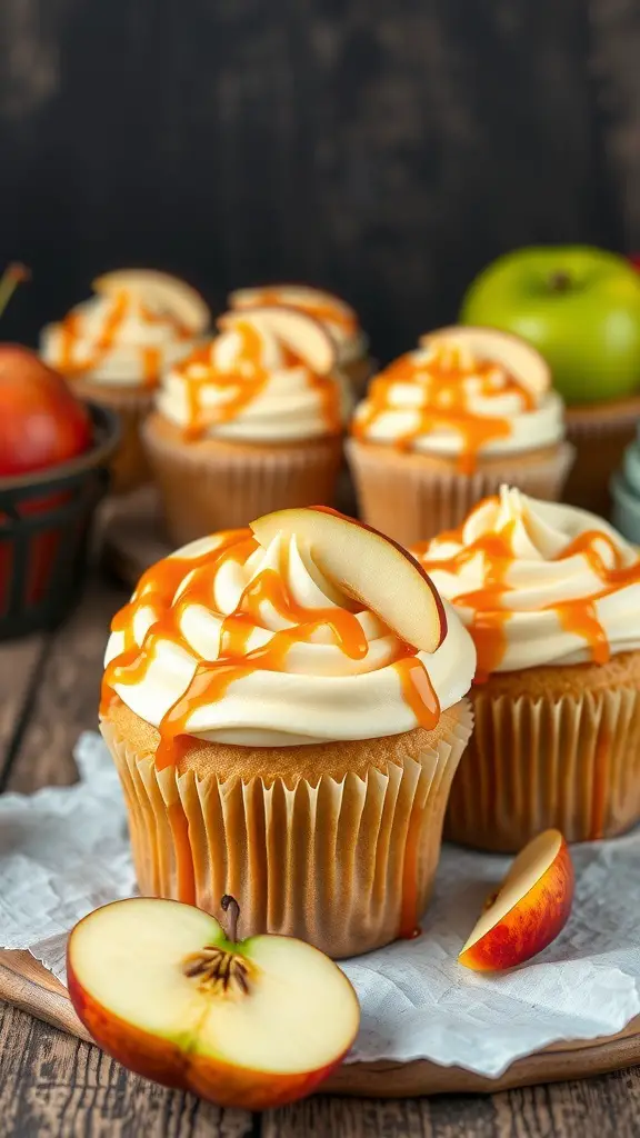 Spiced apple cupcakes with caramel drizzle and apple slices on top