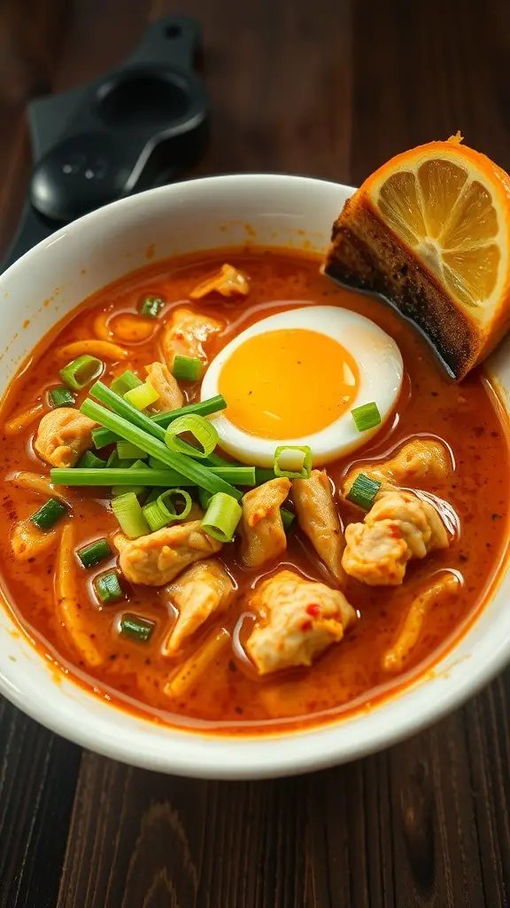A bowl of spicy chicken ramen with a soft-boiled egg, green onions, and a lemon wedge.