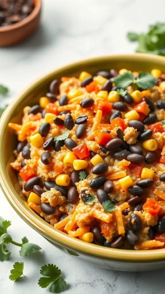 A colorful bowl of Southwestern Turkey Casserole with black beans, corn, and cheese.