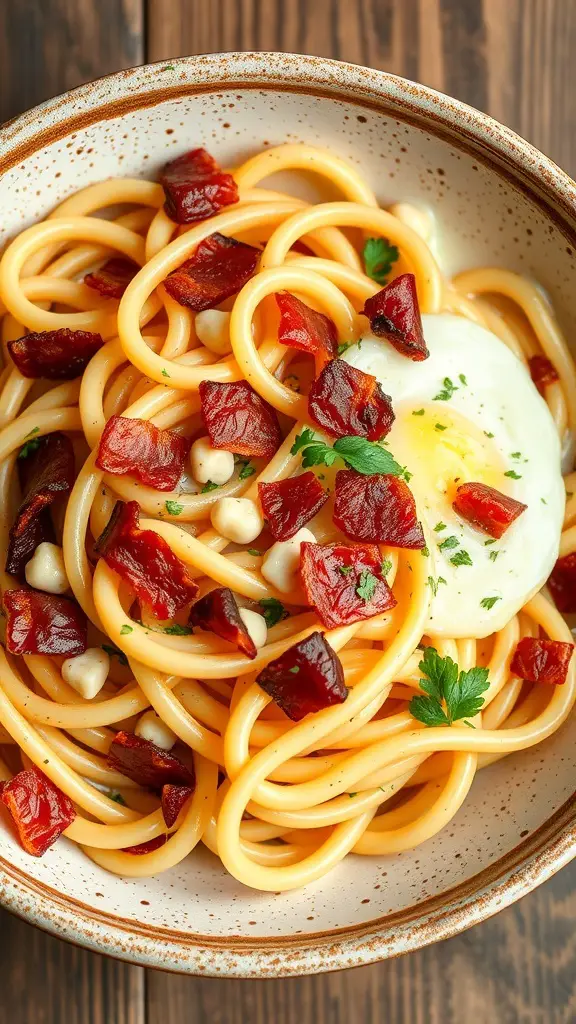 A bowl of cavatappi pasta with pancetta and a poached egg