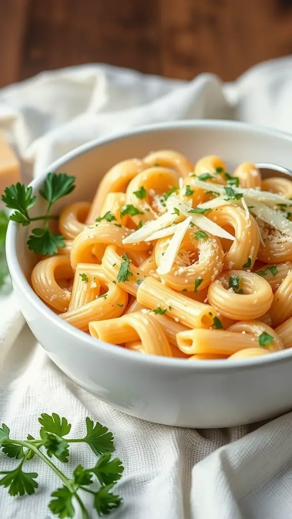A bowl of creamy garlic parmesan rotini pasta garnished with parsley and cheese.