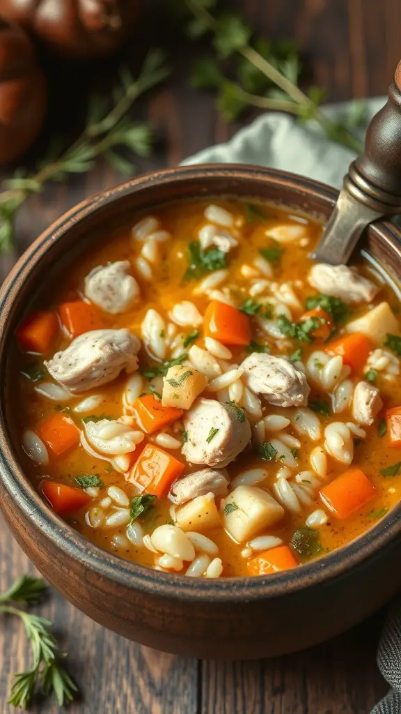 A bowl of chunky chicken and rice soup with vegetables