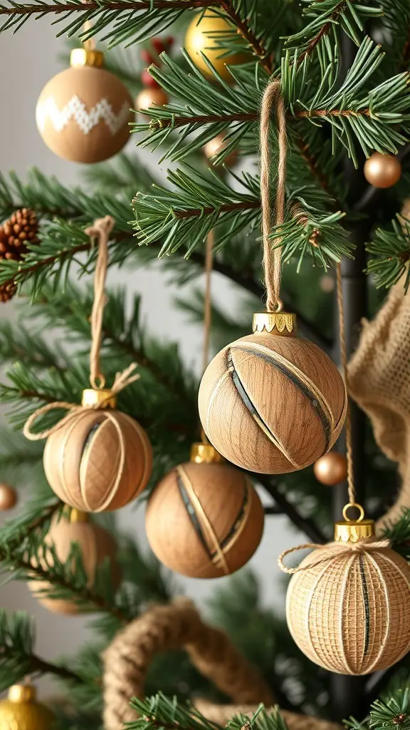 A close-up of rustic wooden ornaments hanging on a Christmas tree, showcasing various designs and textures.